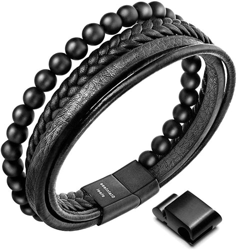 Beaded Lifestyle Black Onyx Bead Leather Bracelet for Men