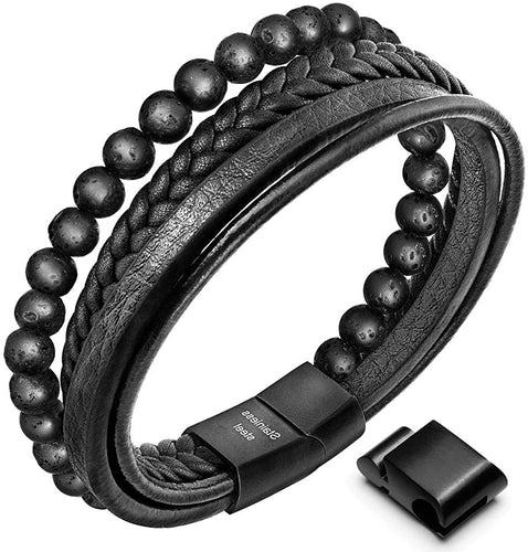 Beaded Lifestyle Carbon Black Onyx Bead Leather Bracelet for Men