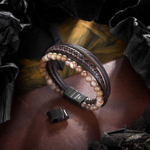 Beaded Lifestyle Brown Onyx Bead Leather Bracelet for Men