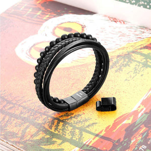 Beaded Lifestyle Black Onyx Bead Leather Bracelet for Men