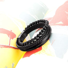 Load image into Gallery viewer, Beaded Lifestyle Black Onyx Bead Leather Bracelet for Men