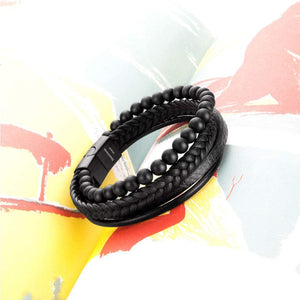 Beaded Lifestyle Black Onyx Bead Leather Bracelet for Men