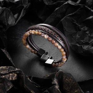 Beaded Lifestyle Brown Onyx Bead Leather Bracelet for Men
