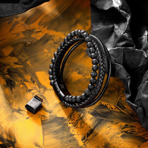Beaded Lifestyle Carbon Black Onyx Bead Leather Bracelet for Men