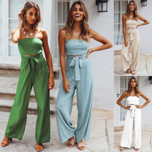 Load image into Gallery viewer, Women&#39;s Blue Strapless Belted Wide Leg Jumpsuit