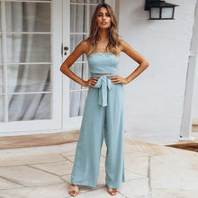 Load image into Gallery viewer, Women&#39;s Blue Strapless Belted Wide Leg Jumpsuit