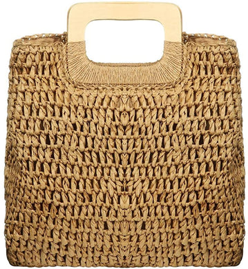 Hand Woven Khaki Straw Tote Beach Bag with Lining Pockets