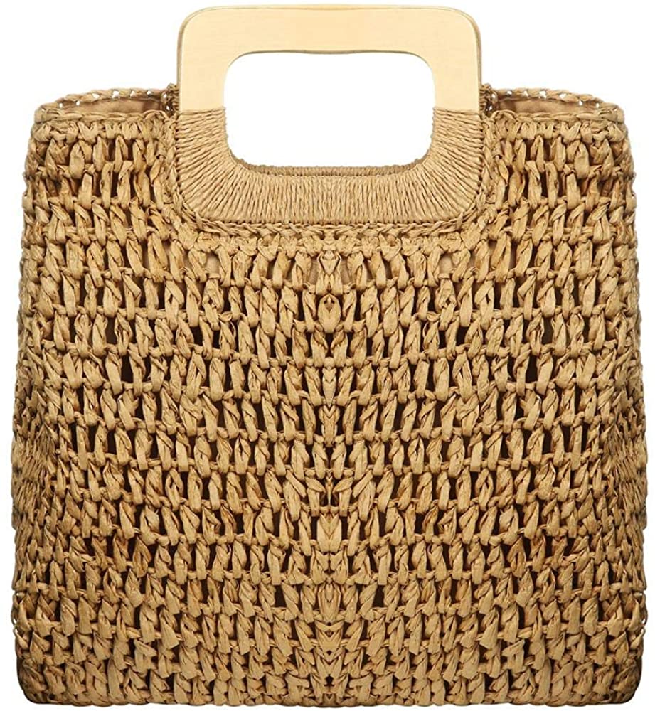 Hand Woven Khaki Straw Tote Beach Bag with Lining Pockets