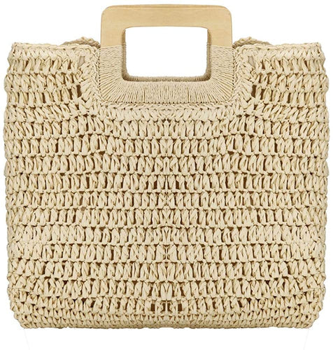 Hand Woven Beige Straw Tote Beach Bag with Lining Pockets