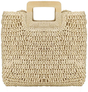 Hand Woven Beige Straw Tote Beach Bag with Lining Pockets