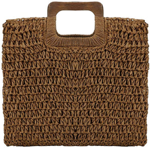 Hand Woven Deep Coffee Straw Tote Beach Bag with Lining Pockets