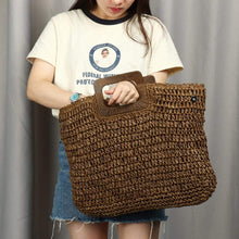 Load image into Gallery viewer, Hand Woven Beige Straw Tote Beach Bag with Lining Pockets