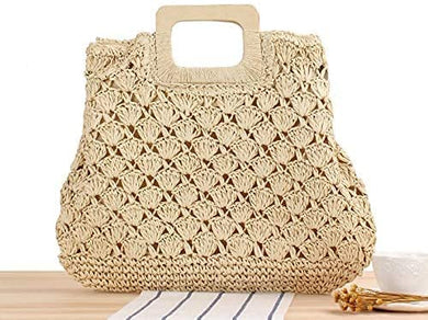 Hand Woven Apricot Straw Tote Beach Bag with Lining Pockets