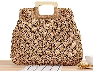 Hand Woven Brown Straw Tote Beach Bag with Lining Pockets
