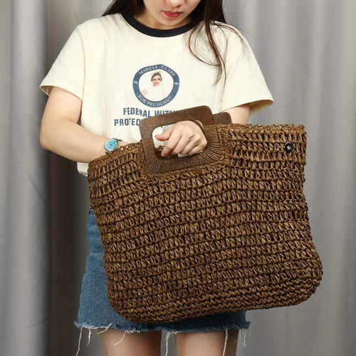 Hand Woven Deep Coffee Straw Tote Beach Bag with Lining Pockets