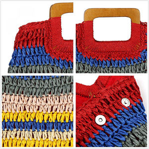 Hand Woven Red Straw Tote Beach Bag with Lining Pockets