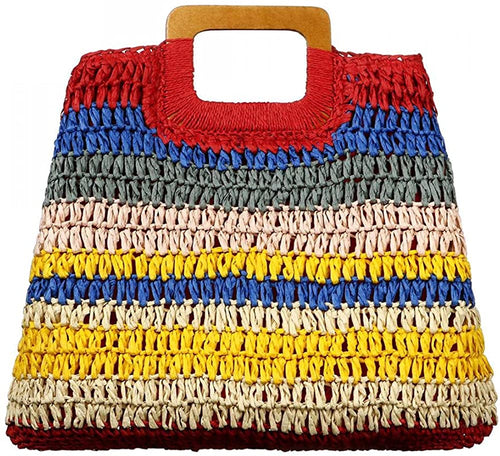 Hand Woven Red Straw Tote Beach Bag with Lining Pockets