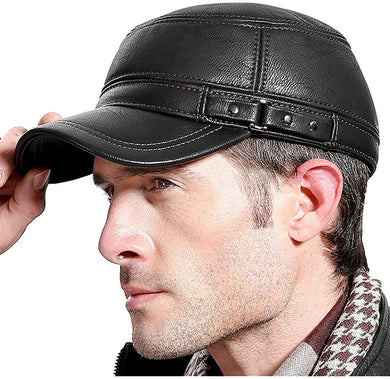Men's Military Cadet Black Leather Flat Top Hat