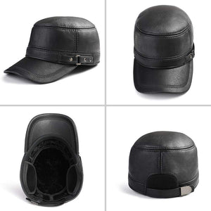 Men's Military Cadet Black Leather Flat Top Hat