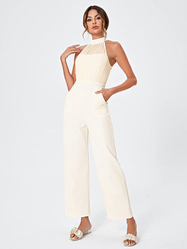 Stunning Halter Sleeveless Creamy Beige Wide Leg Jumpsuit