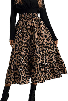 Brown Leopard High Elastic Waist Ruffle Pleated Midi Skirt