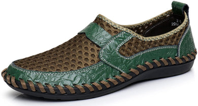 Men's Brown/Green Honeycomb Leather Loafers