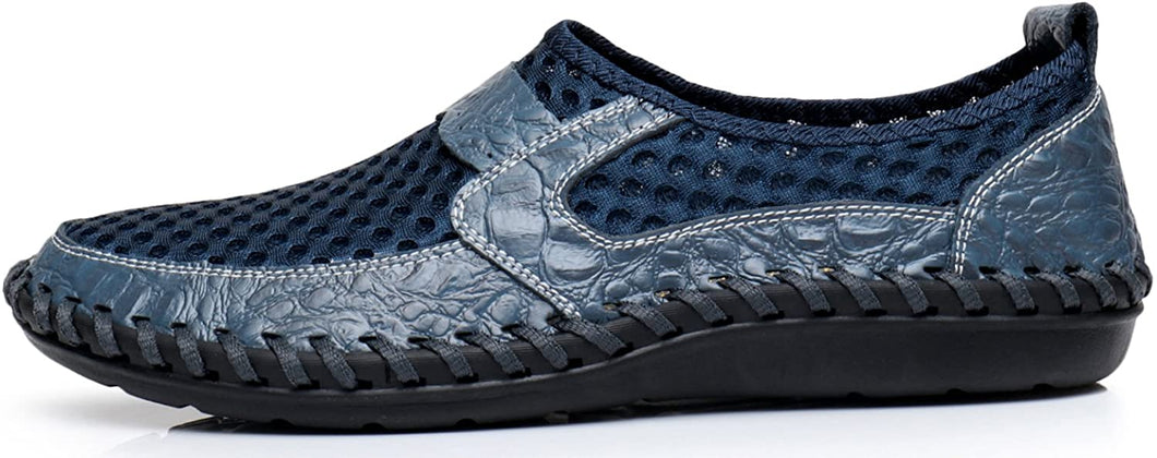Men's Navy Blue Honeycomb Leather Loafers