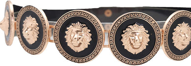 Fancy Fashion Black Elastic Waistband Belt Hip High Waist Gold Lion Metal Coin