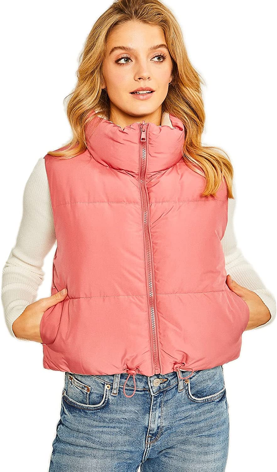 Stand Collar Pink Padded Lightweight Reversible Puffer Vest