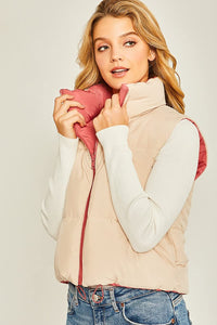 Stand Collar Pink Padded Lightweight Reversible Puffer Vest