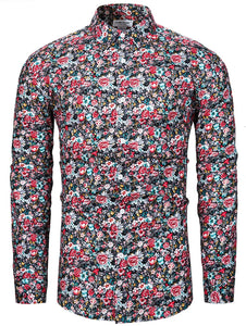 Men's Casual Red & Black Floral Long Sleeve Button Up Shirt
