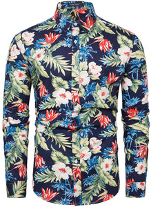 Men's Casual Tropical Floral Long Sleeve Button Up Shirt