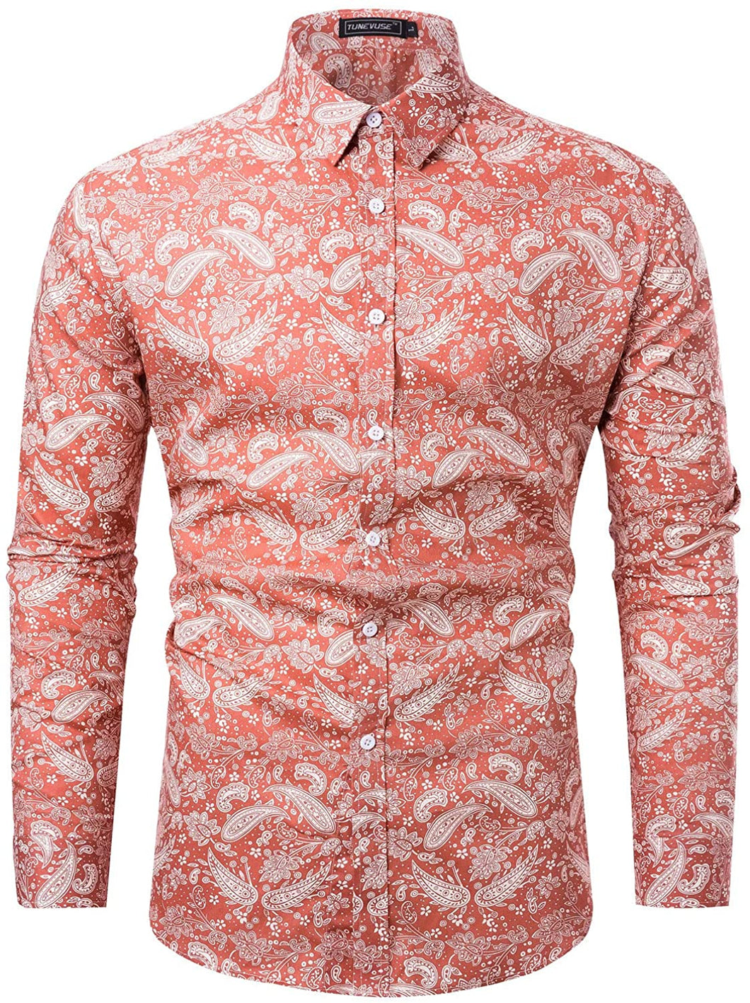 Men's Casual Orange Paisley Long Sleeve Button Up Shirt