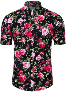 Pink Floral Button Down Short Sleeve Hawaiian Shirt