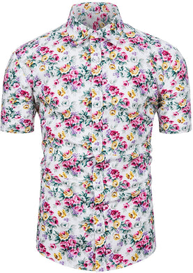 White Floral Button Down Short Sleeve Hawaiian Shirt