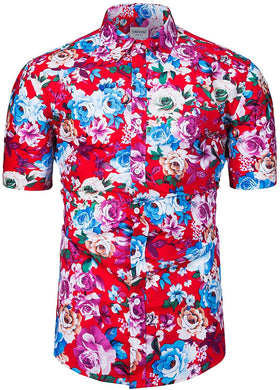 Red Floral Button Down Short Sleeve Hawaiian Shirt