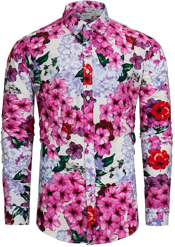 Men's Fuchsia Pink Floral Pattern Print Long Sleeve Shirt