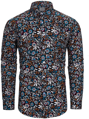 Men's Dark Blue Floral Pattern Print Long Sleeve Shirt