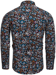 Men's Dark Blue Floral Pattern Print Long Sleeve Shirt