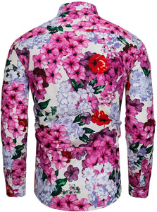 Men's Fuchsia Pink Floral Pattern Print Long Sleeve Shirt
