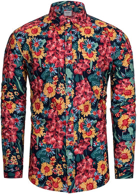 Men's Crimson Long Sleeve Floral Pattern Print Shirt