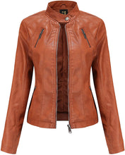 Load image into Gallery viewer, Chic Faux Leather Long Sleeve Brown Moto Jacket