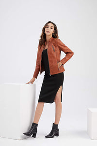 Chic Faux Leather Long Sleeve Brown Moto Jacket