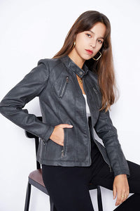 Chic Faux Leather Long Sleeve Brown Moto Jacket
