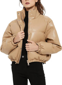 Khaki Zip Up Faux PU Leather Bubble Jacket