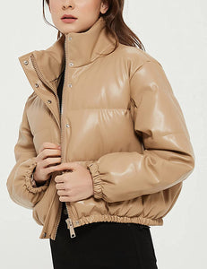 Khaki Zip Up Faux PU Leather Bubble Jacket