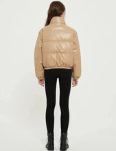 Load image into Gallery viewer, Khaki Zip Up Faux PU Leather Bubble Jacket