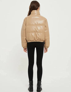 Khaki Zip Up Faux PU Leather Bubble Jacket