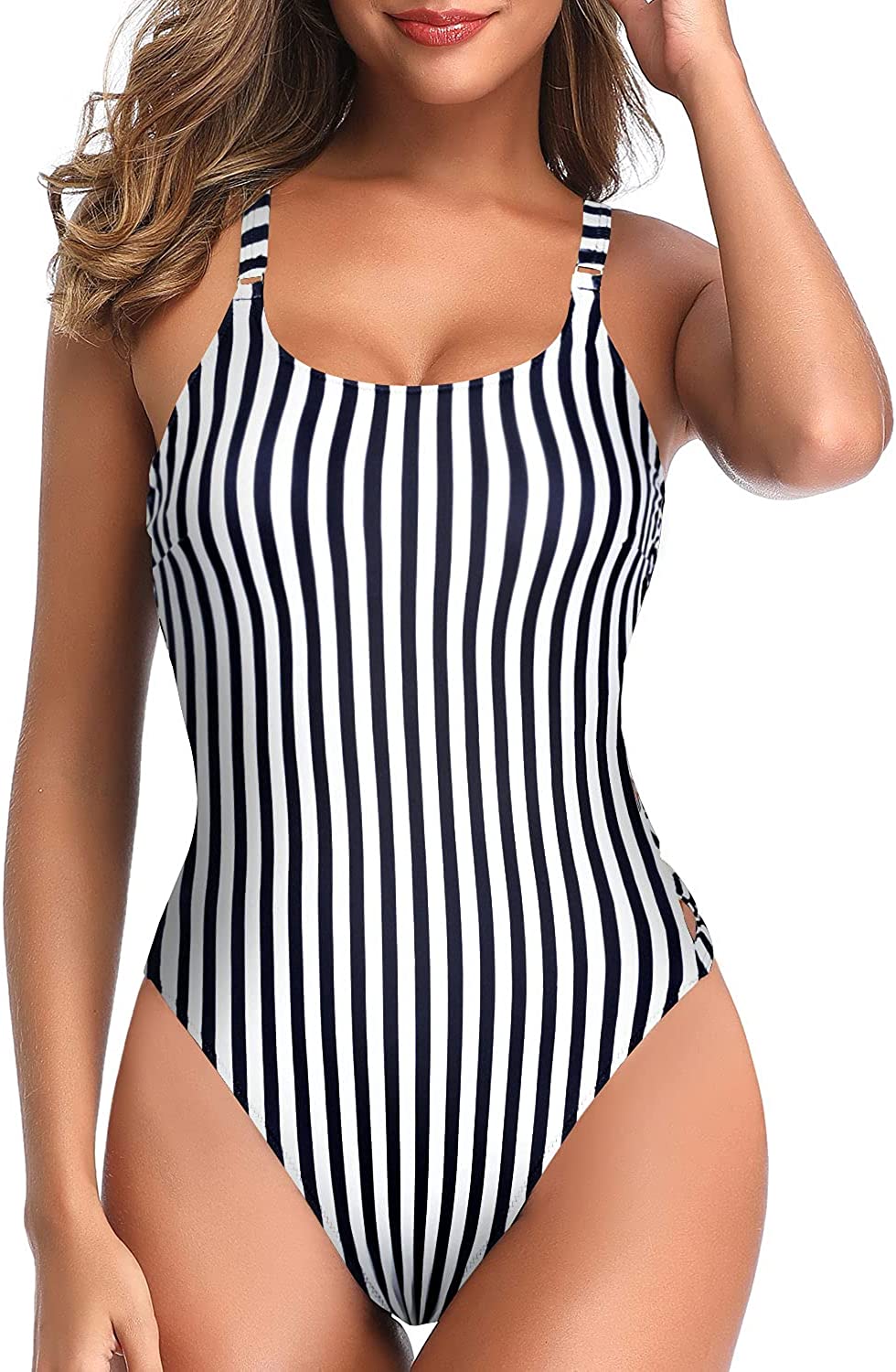 Black & White Lace up Striped  One Piece Swimsuit