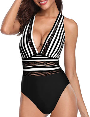Black Striped One Piece Plunge V-Neck Hollow Out Swimsuit
